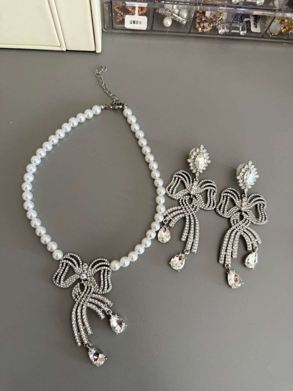 Pearl & Crystal Bow Pendant Necklace with Matching Earrings - Silver Tone